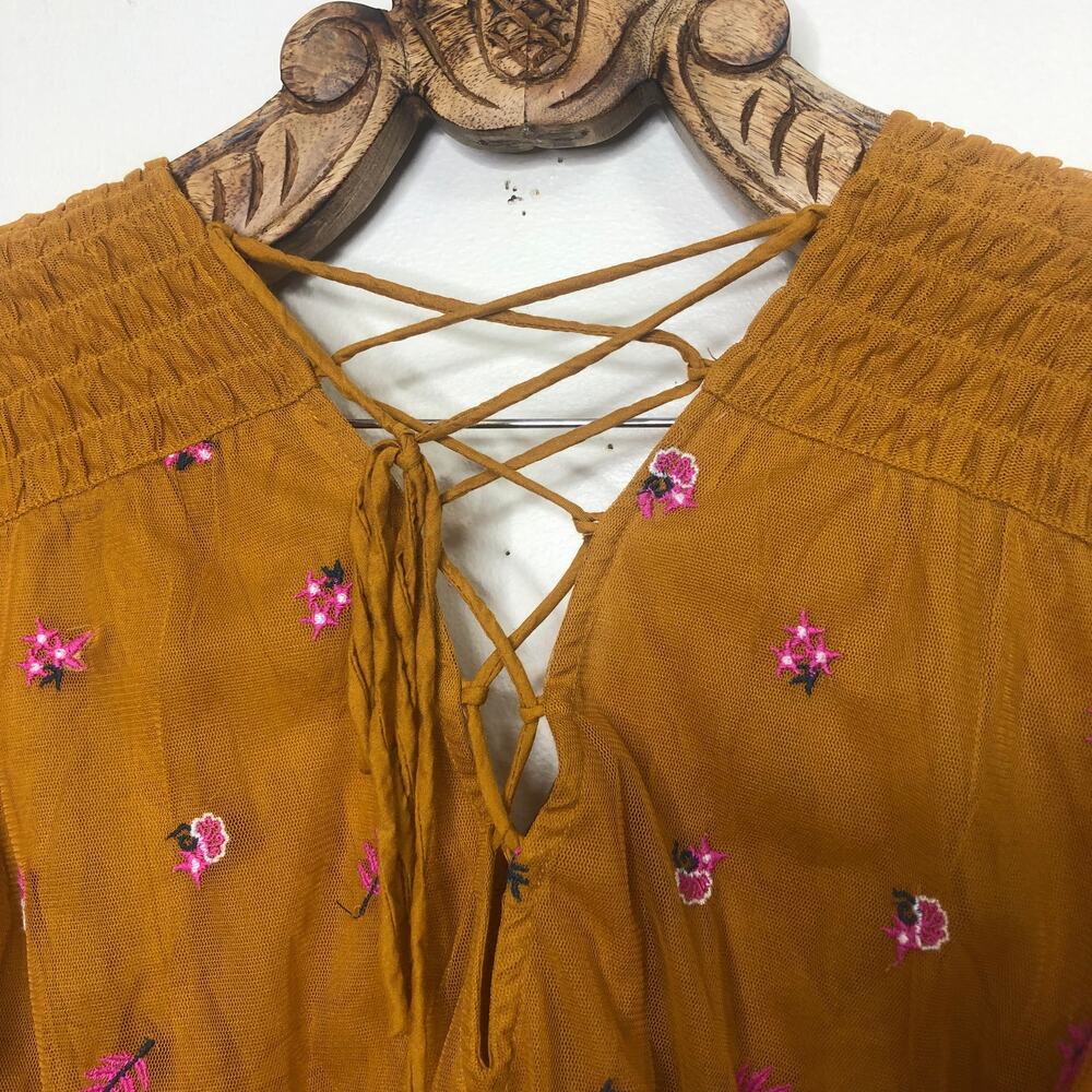 Anthropologie Top Smocked Flora Embroidered Mesh Puff Sleeve Tie Up Back M - Picture 6 of 8